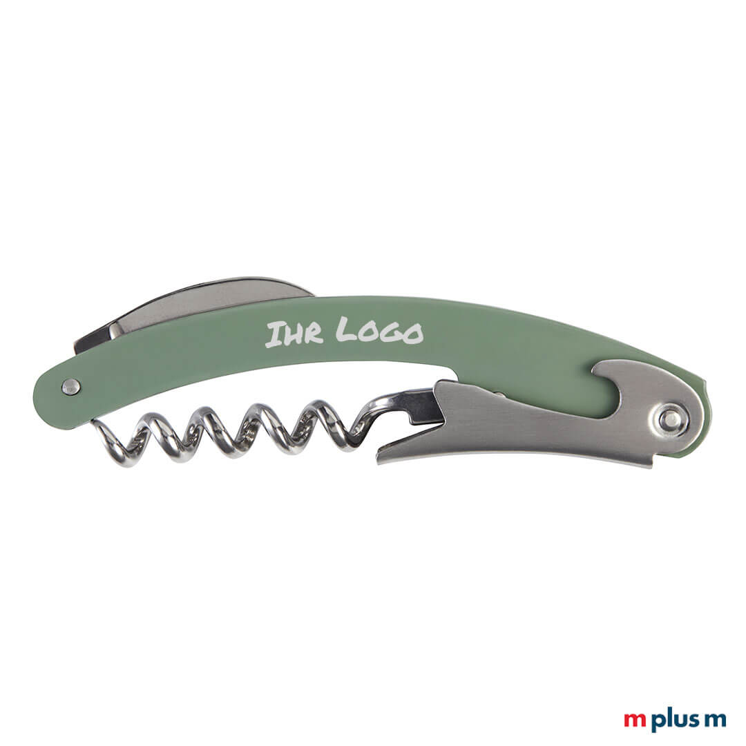 schönes Kellnermesser aus Metall. Hier die grüne Variante. Ab 100 Stück als Werbeartikel mit Logo zu bedrucken