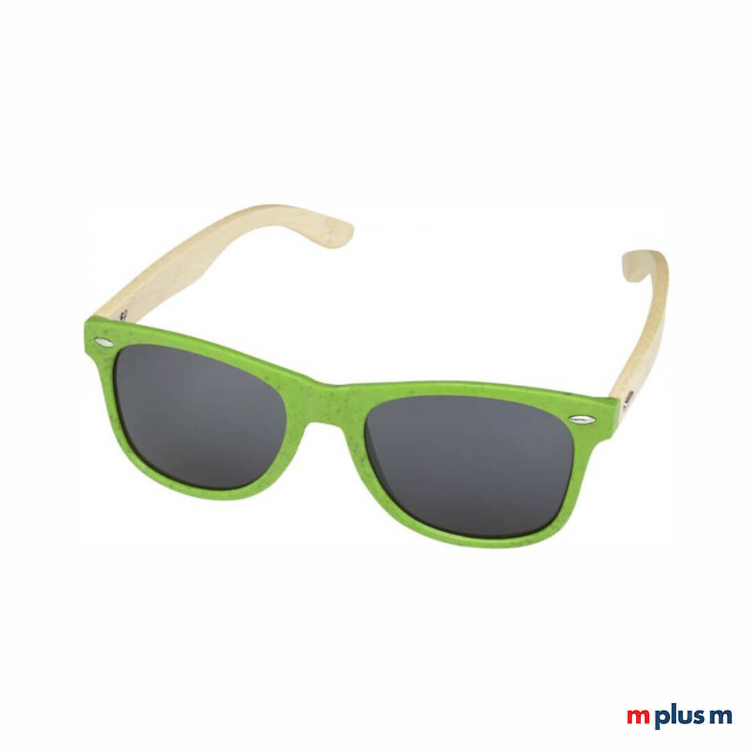 Nachhaltige grüne Sonnenbrille mit Bügeln aus Bambus mit Logo bedrucken.