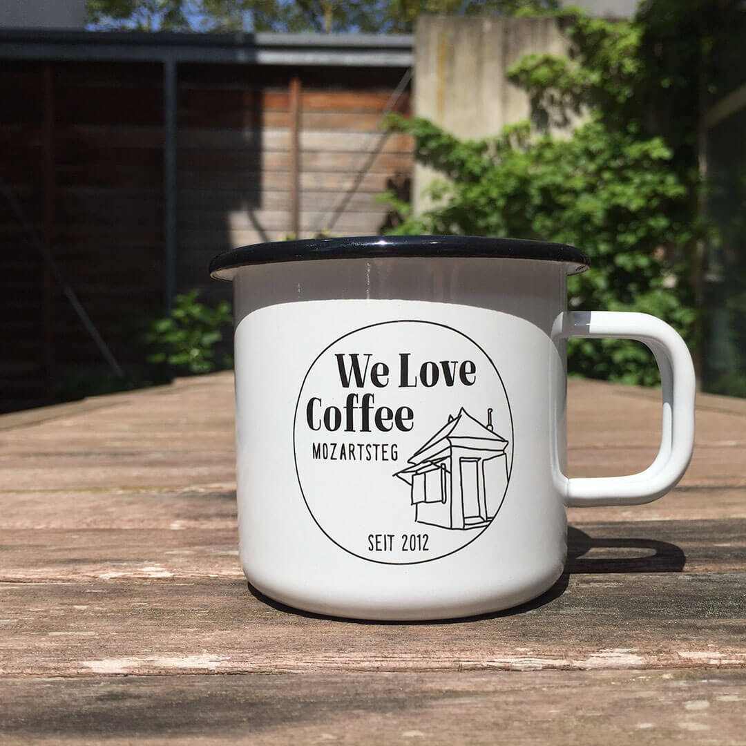Emaille Tasse Pax aus Europa mit 1 Druck. Spülmaschinengeeignet