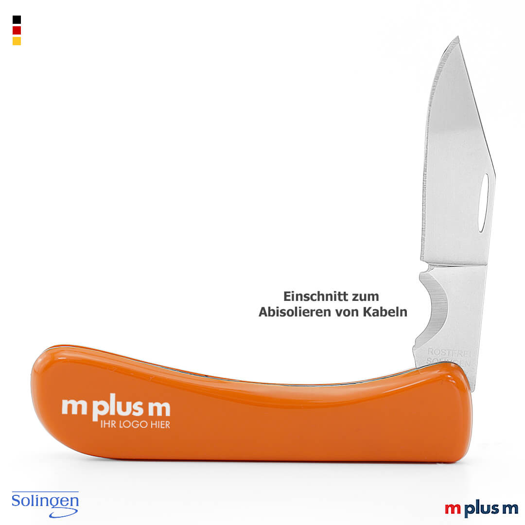 Klappmesser mit Metallklinge und orangefarbenem Griff in Seitenansicht geöffnet mit aufrecht stehender Klinge