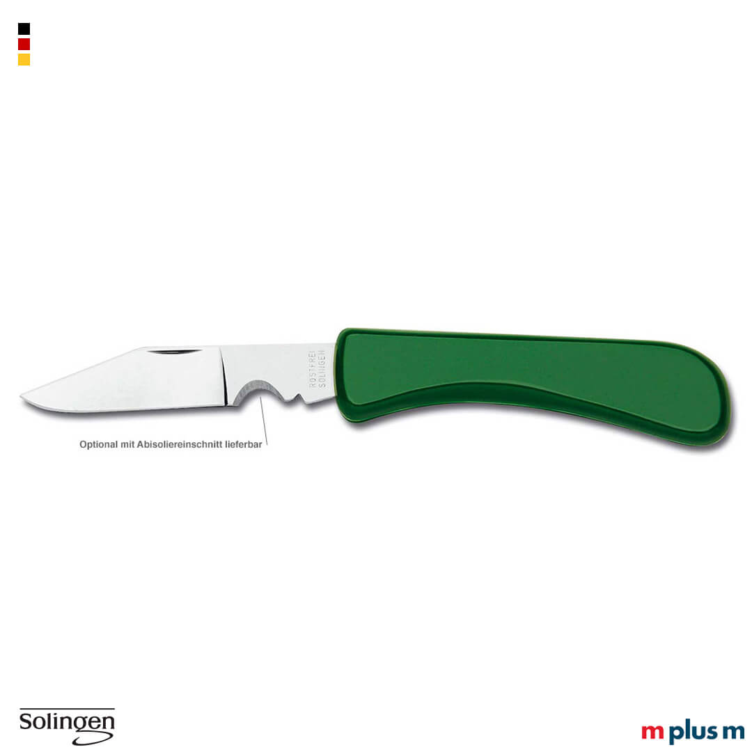 Klappmesser mit Metallklinge und grünem Griff in flacher Seitenansicht geöffnet mit waagerecht ausgerichteter Klinge