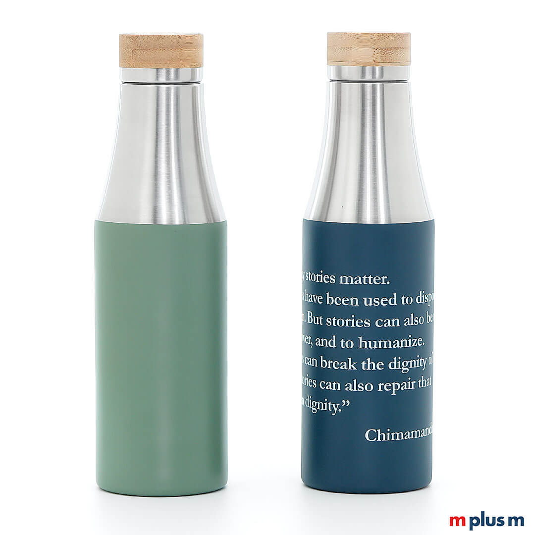 Schöne Kiruna Edelstahl Thermosflasche mit Holzdeckel rundum zu bedrucken