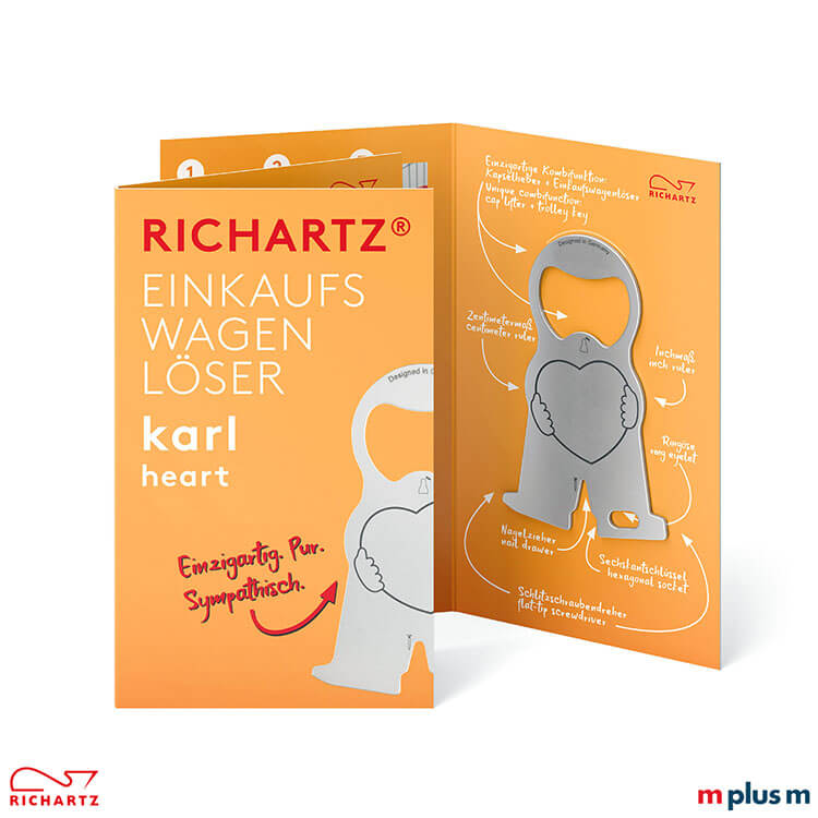 Die Klappkarte als Einzelverpackung für den Einkaufswagenlöser karl heart mit dem Standardmotiv. Ab 250 Stück kann die Klappkarte auch komplett indivduell gestaltet werden