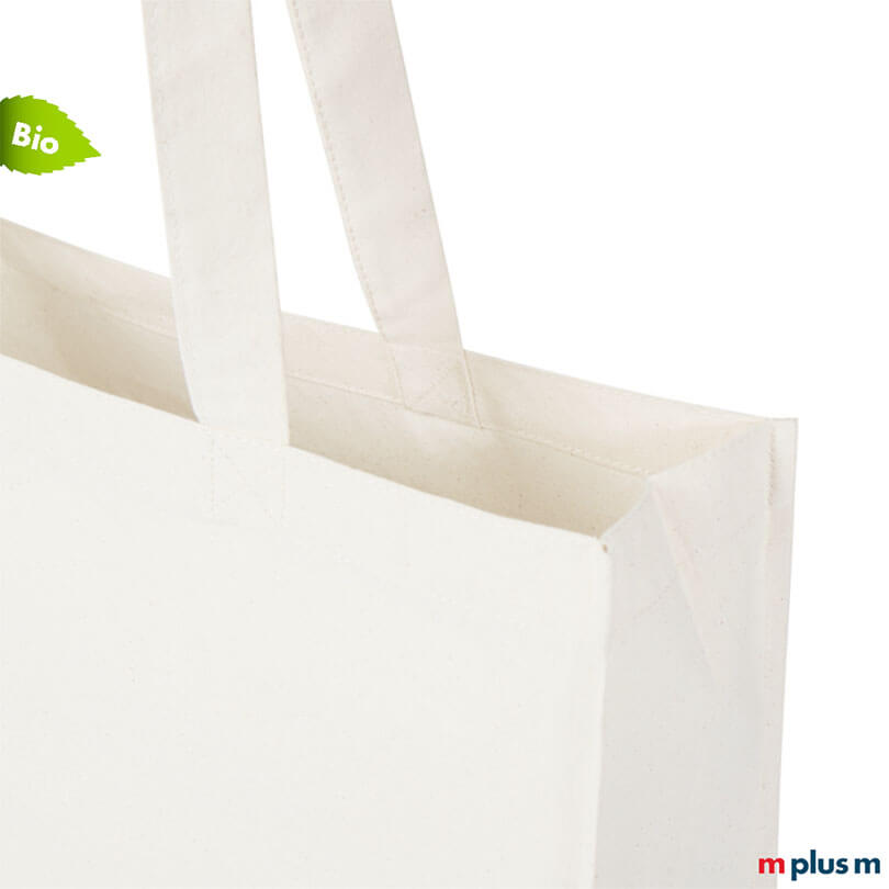 Baumwolltasche aus Bio-Baumwolle in Natur mit langen Henkeln und seitlicher Detailansicht