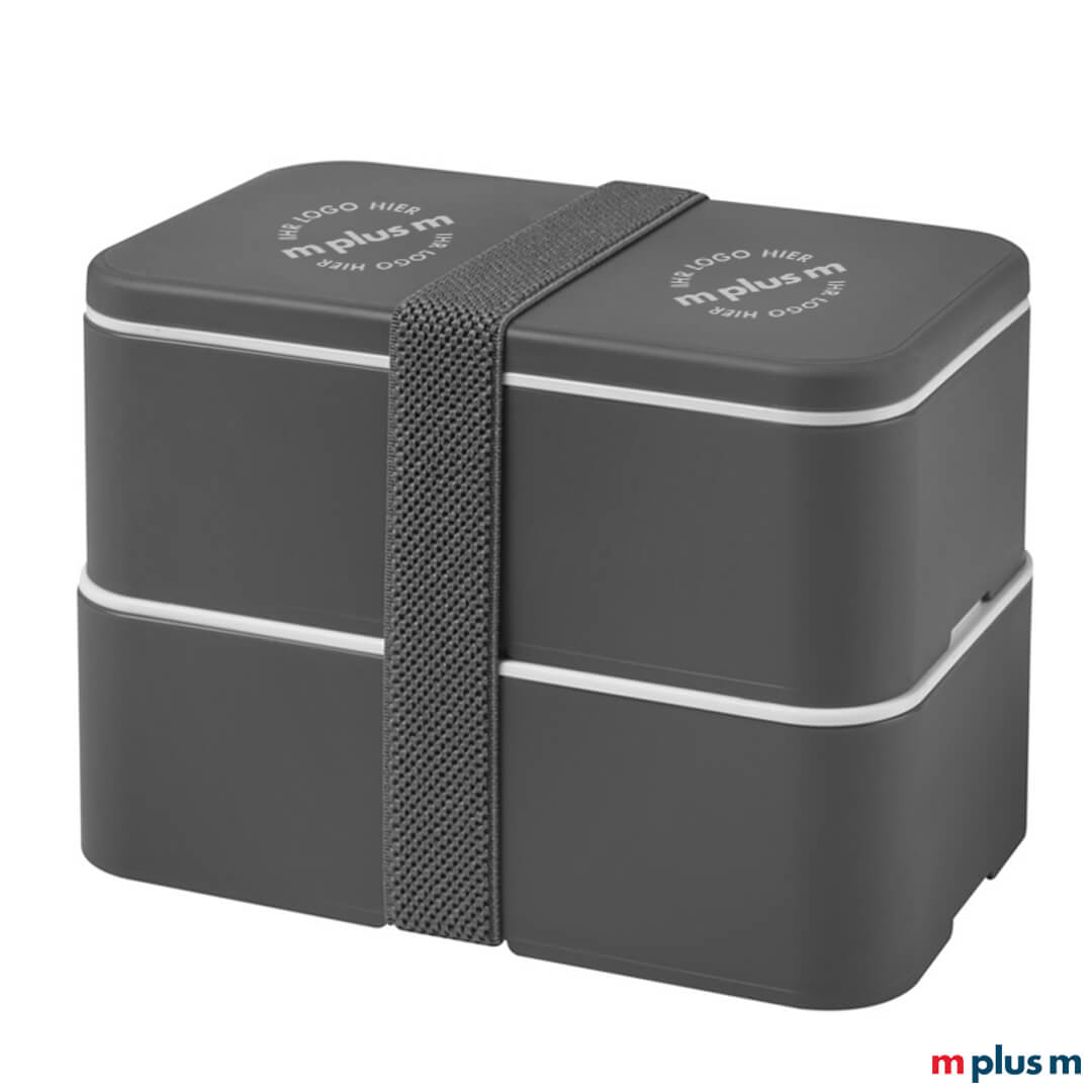 Die nachhaltige Doppel-Lunchbox 'Miyo' in der Farb Grau und Recycling-Band Grau als Werbeartikel bedrucken