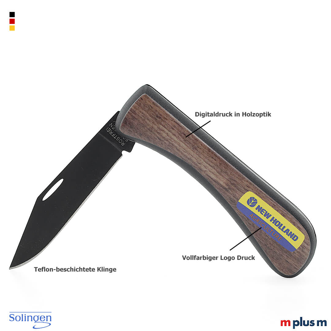Klappmesser mit Metallklinge und braunem Holzgriff in Schrägansicht geöffnet mit dunkler Klinge und sichtbarer Maserung