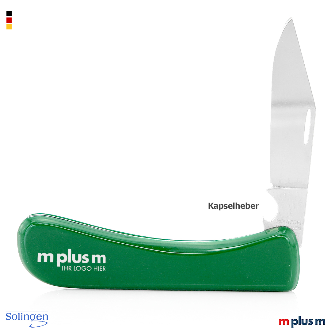 Klappmesser mit Metallklinge und grünem Griff in Seitenansicht geöffnet mit sichtbarem Kapselheber am Gelenk