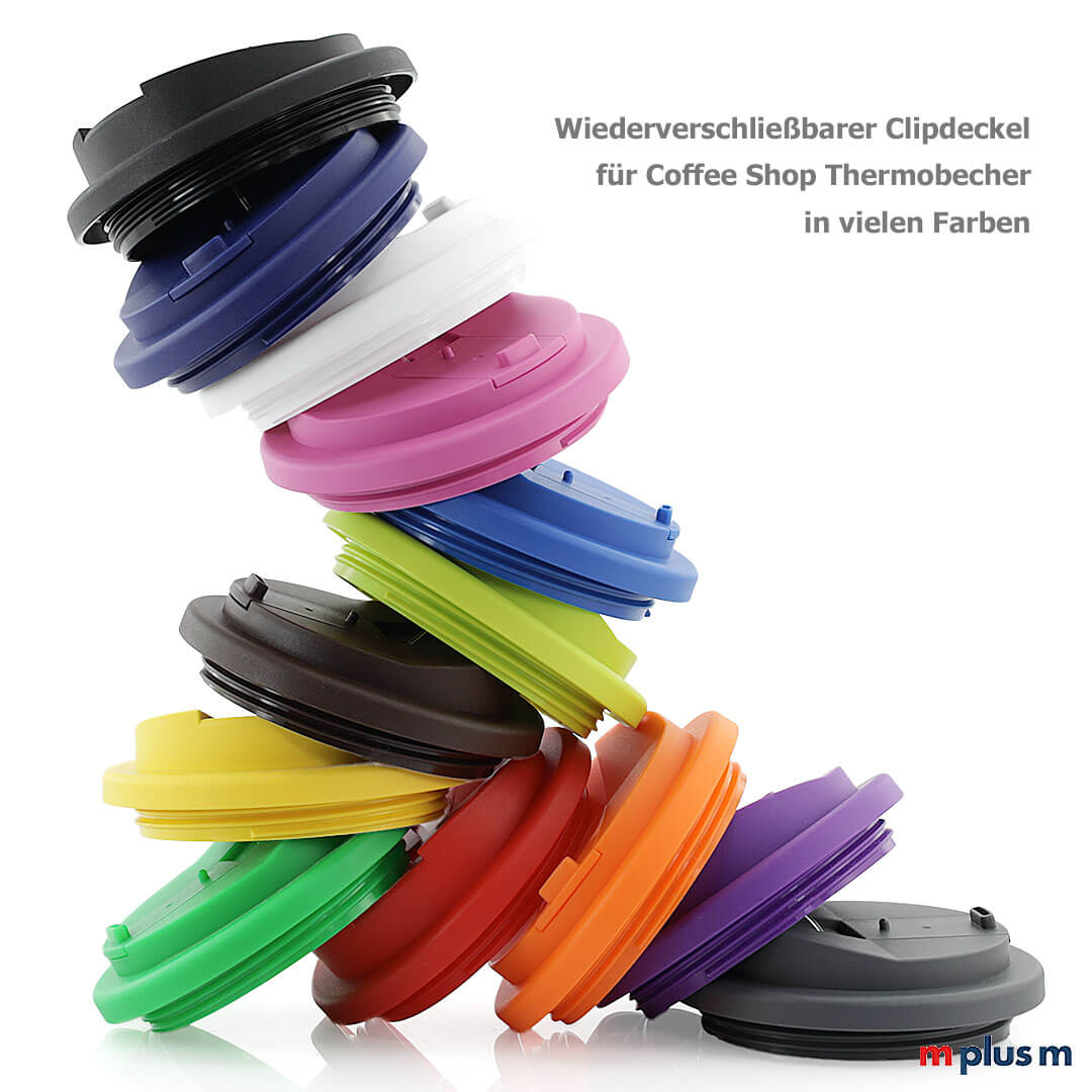 Wiederverschließbaren Schraub Deckel für den Coffee Shop Thermobecher gibt es vielen Farben. Spülmaschinenfest und 100% Recycling-fähig mit Clipverschluss