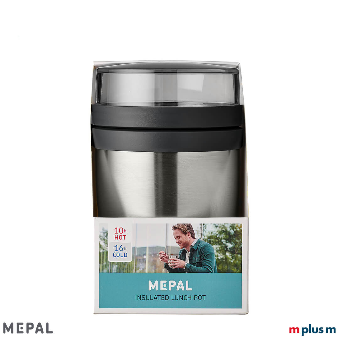 Thermo-Lunchpot aus Edelstahl in Silber mit schwarzem Kunststoffring und Verpackungsband in Frontansicht
