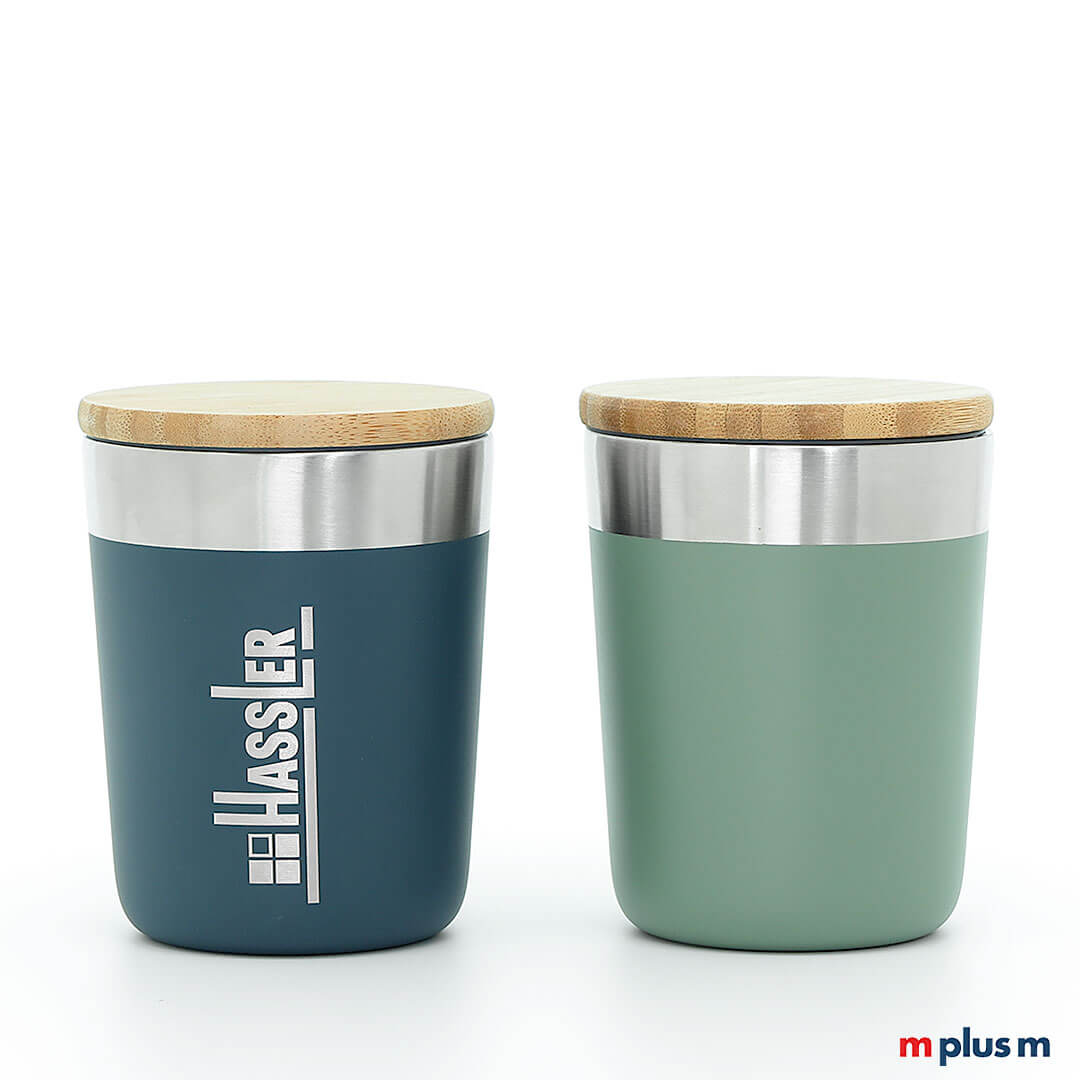 Mehrfarbiger Lagan Thermobecher 330 ml aus Edelstahl mit Holzdeckel, doppelwandig isoliert, langlebiger Werbeartikel modern mit Logo Druck personalisieren