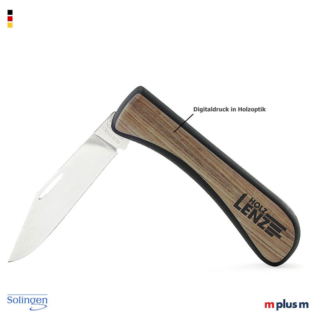 Klappmesser mit Metallklinge und braunem Holzgriff in Schrägansicht geöffnet mit sichtbarer Holzmaserung
