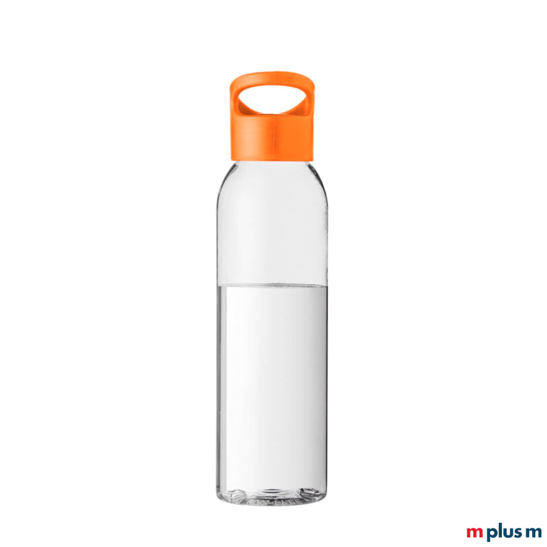 Transparente Mehrwegflasche mit orangenen Deckel als Werbegeschenk
