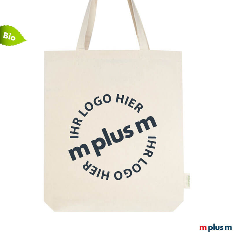 Baumwolltasche aus Bio-Baumwolle in Natur mit rundem Druckmotiv und langen Henkeln in Frontansicht