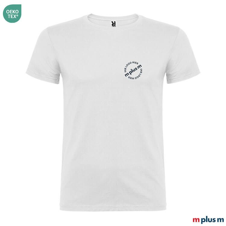 Weißes Kurzarm T-Shirt aus 100% Baumwolle mit individuellem Logo bedrucken – schon ab 50 Stück, Express Lieferung möglich