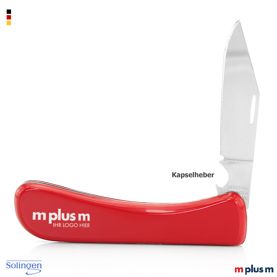 Klappmesser mit Metallklinge und rotem Griff in Seitenansicht geöffnet mit sichtbarem Kapselheber am Gelenk