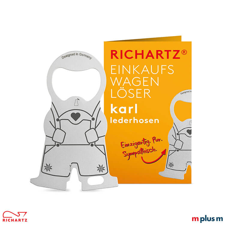 Einkaufswagenlöser karl lederhosen mit Standard-Klappkarte als Werbeartikel
