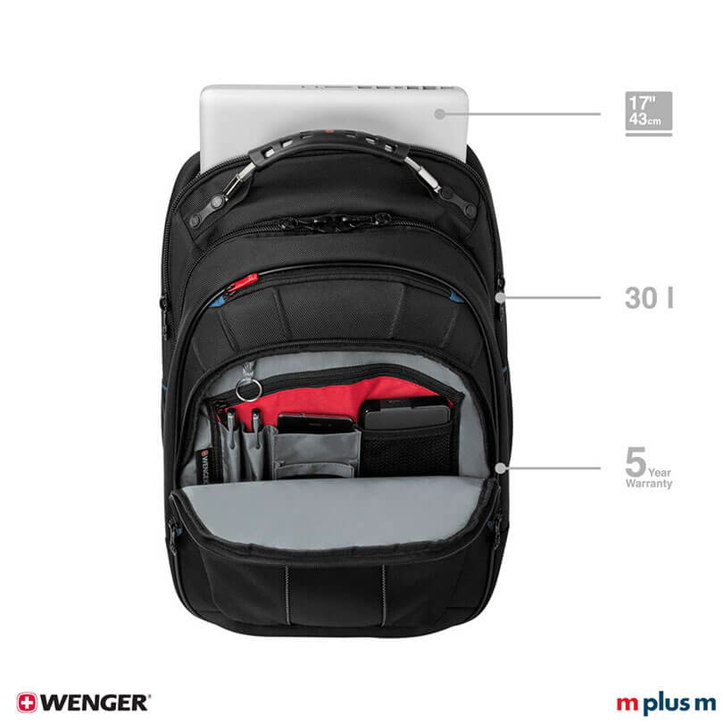 Wenger Carbon Rucksack schwarz mit stossdämpfenden Schulterriemen und CaseBase Plattform für stabilen Stand, modern mit Logo Druck personalisieren
