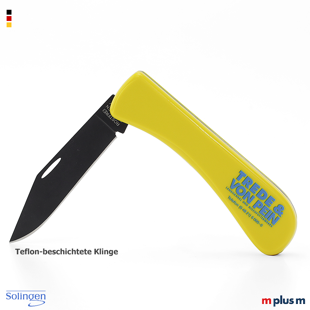 Klappmesser mit Metallklinge und gelbem Griff in Schrägansicht geöffnet mit dunkler Klinge und Griffdruck