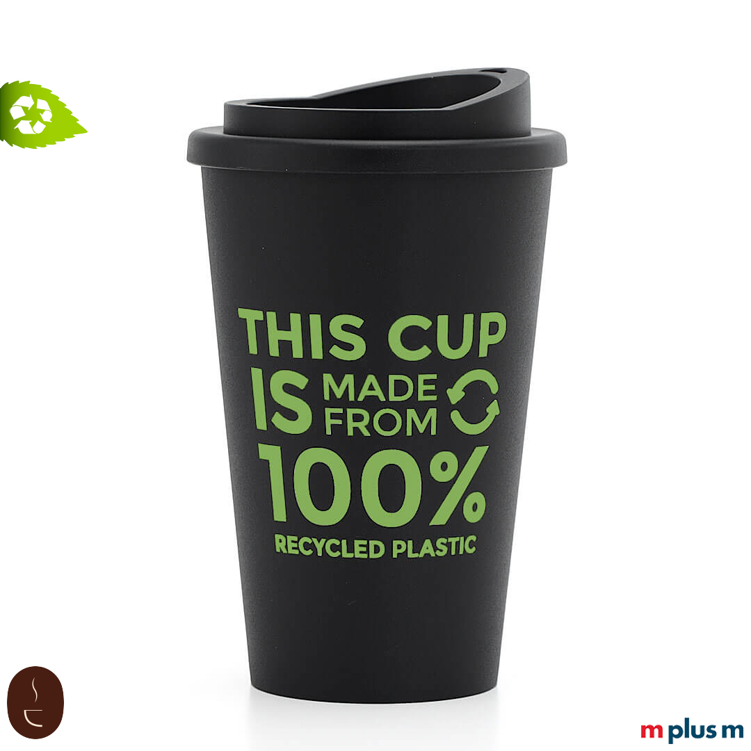 Nachhaltiger Thermobecher aus 100% Recycling Material. Hergestellt in Europa. Als Werbeartikel mit 1c Druck