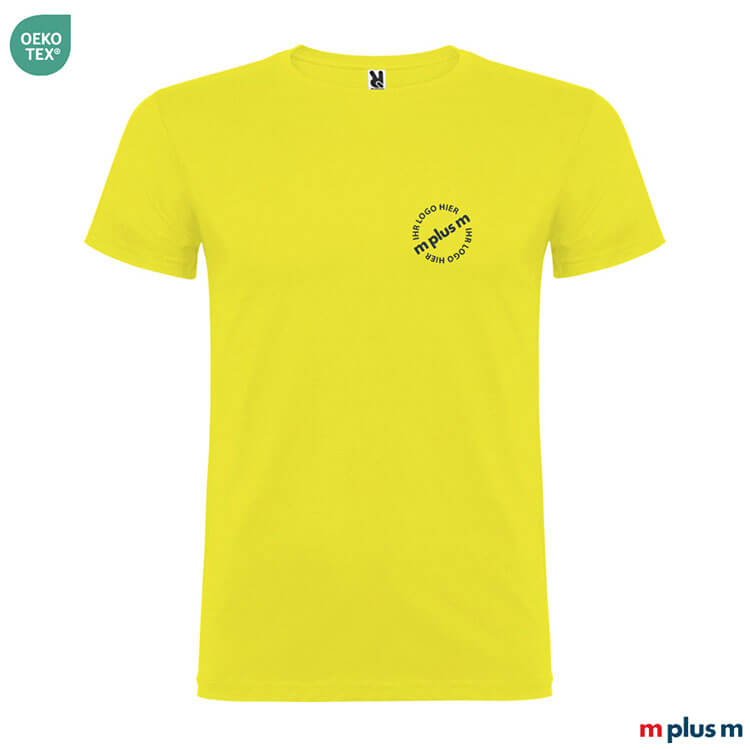 Gelbes Baumwoll T-Shirt mit Kurzarm und eigenem Logo bedrucken – Mindestmenge 50 Stück, Express Versand verfügbar