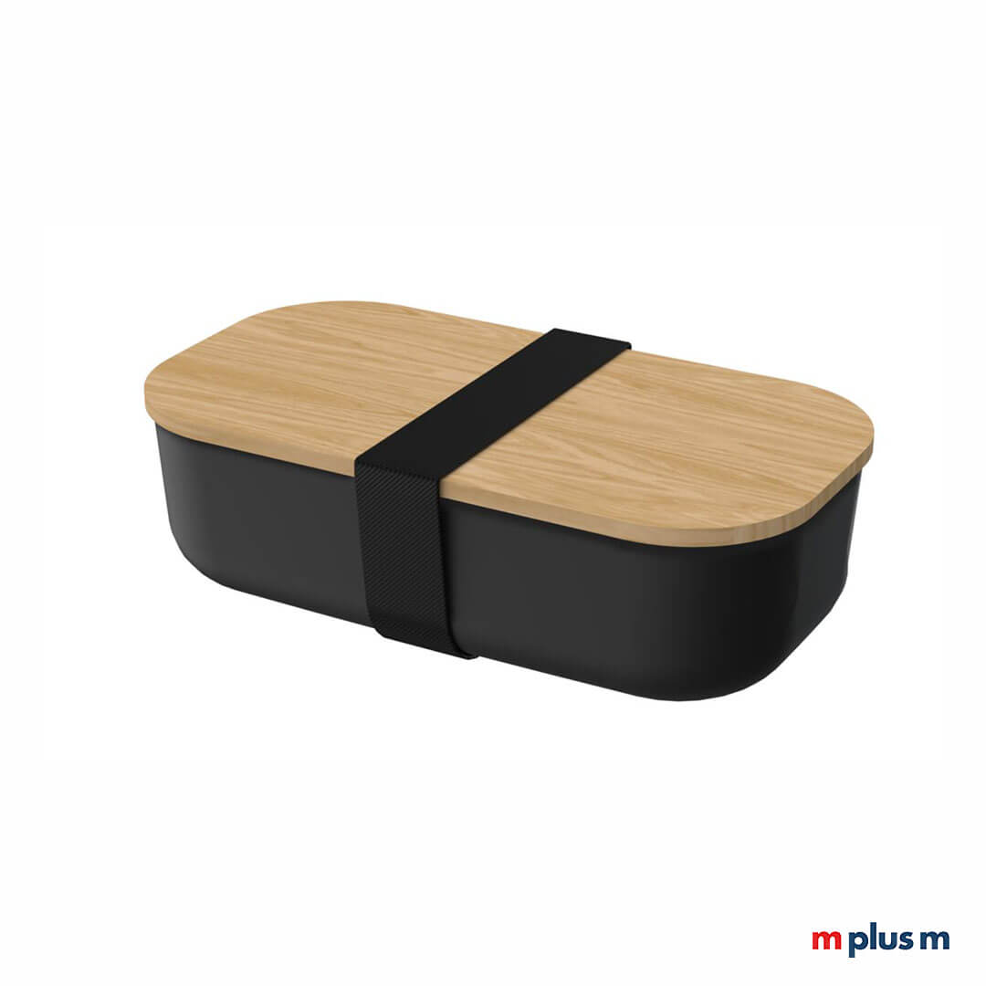 Schwarze Lunchbox mit Buchenholzdeckel mit eigenem Logo bedrucken. Perfekt als Take Away Werbeartikel.