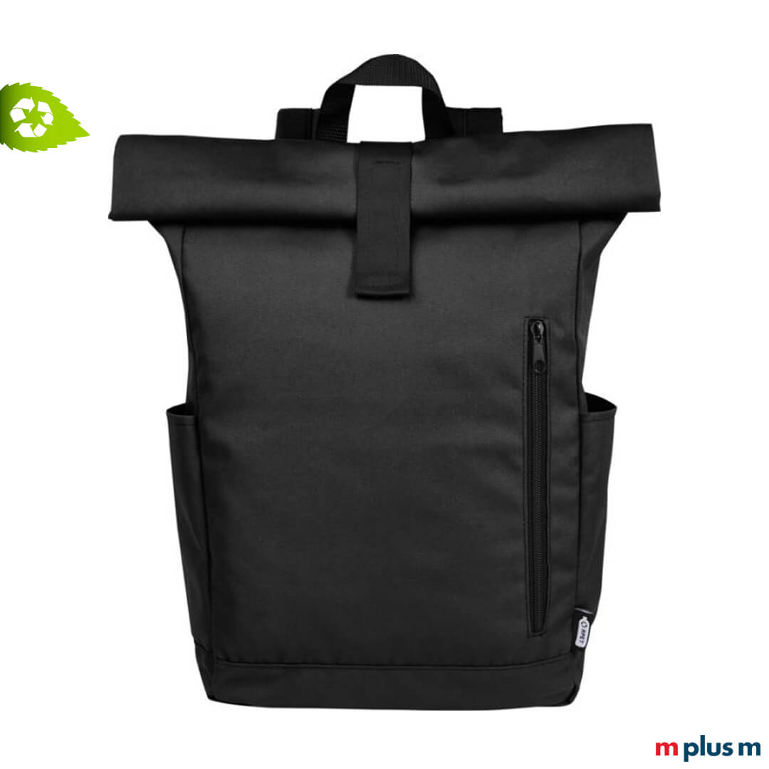 Notebookrucksack in der Farbe Schwarz aus nachhaltigem recycling Material mit Motiv bedrucken
