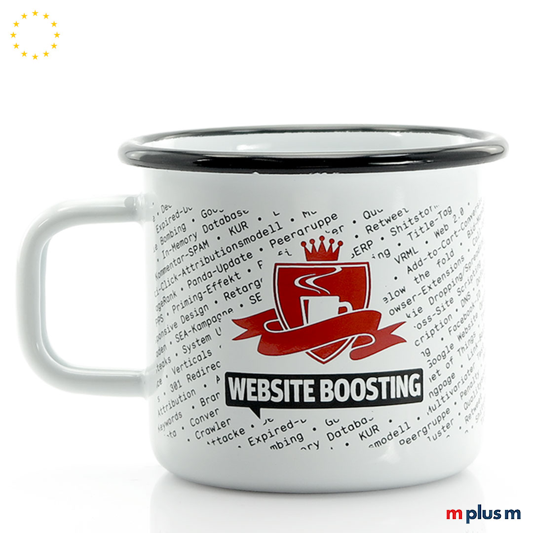 Weiss Pax Emaille Tasse aus Europa mit 2c Motiv bedruckt