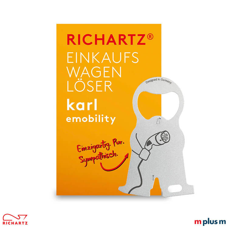 Die Klappkarte mit dem Standardmotiv als Einzelverpackung für den Einkaufswagenlöser und Schlüsselanhänger karl e mobility ist im Preis enthalten