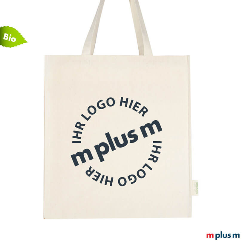Baumwolltasche aus Bio-Baumwolle in Natur mit rundem Druckmotiv in frontaler Ansicht