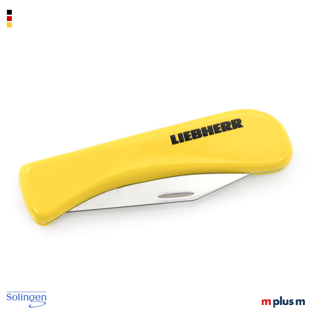 Klappmesser mit Metallklinge und gelbem Griff in Seitenansicht geschlossen mit im Griff liegender Klinge