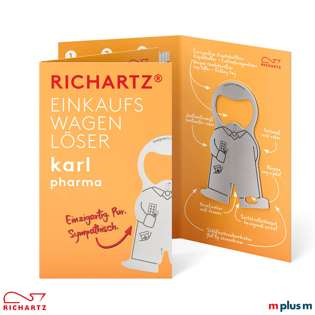 Die Klappkarte mit dem Standardmotiv beim Einkaufswagenlöser karl pharma als Einzelverpackung. Ab 250 Stück als günstiger Werbeartikel auch komplett individuell zu gestalten.