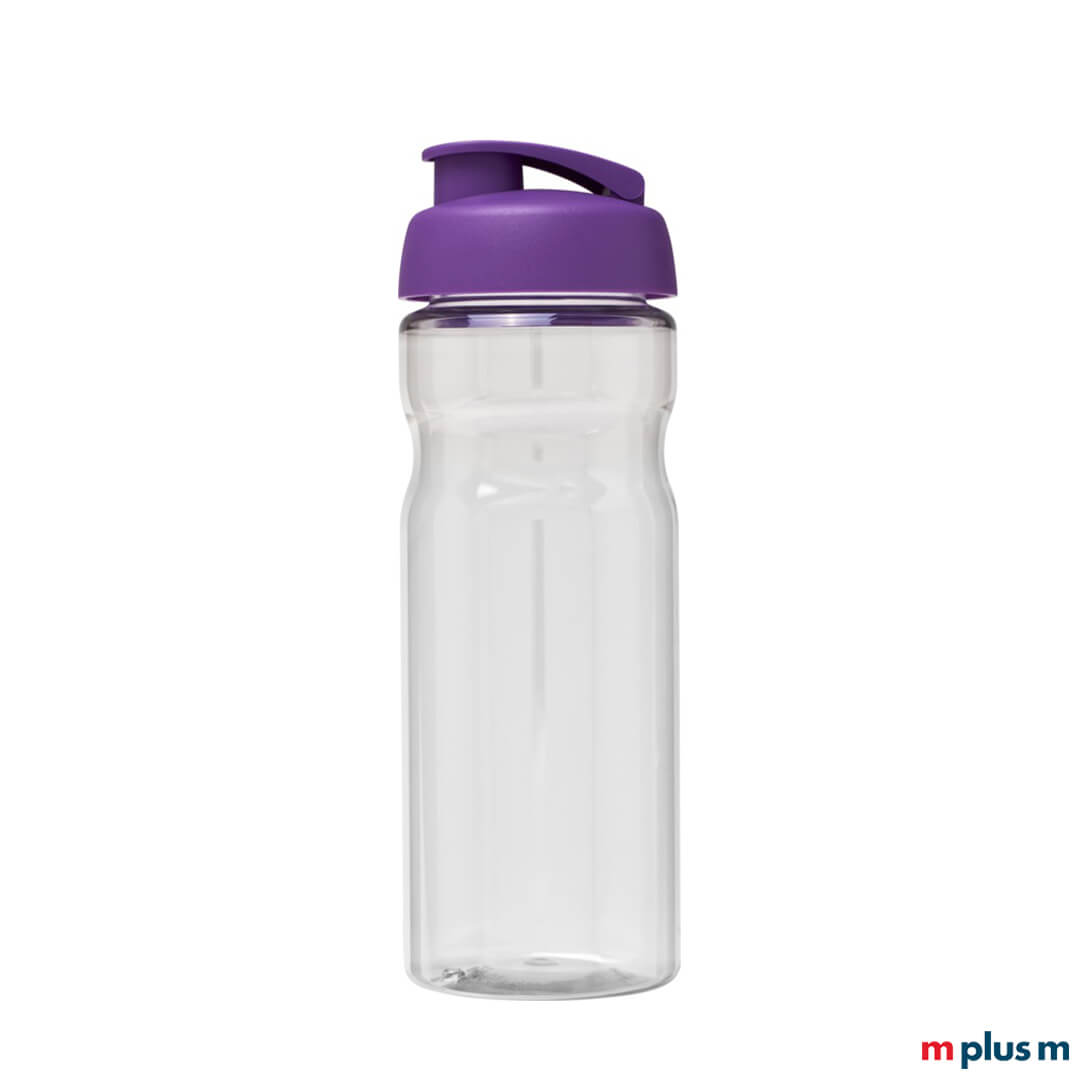 Transparente Sportflasche mit lila Deckel als Werbegeschenk bedrucken
